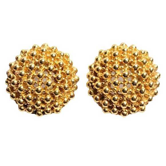 Ciner Gold-Tone Hobnail Round Domed Button Clip On Earrings, Signed - Picture 1 of 8